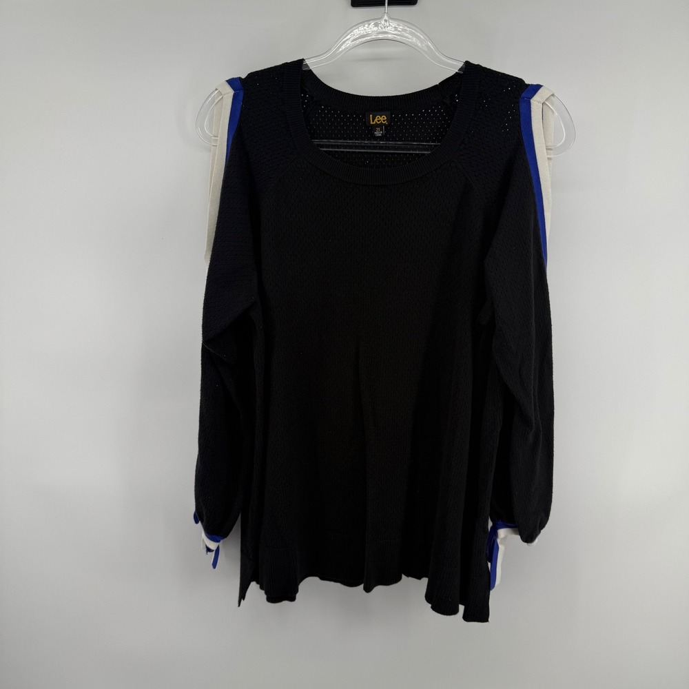 Lee Womens 2X Black Cold Shoulder Knit Sweater Blue White Stripe Tie Cuff Top